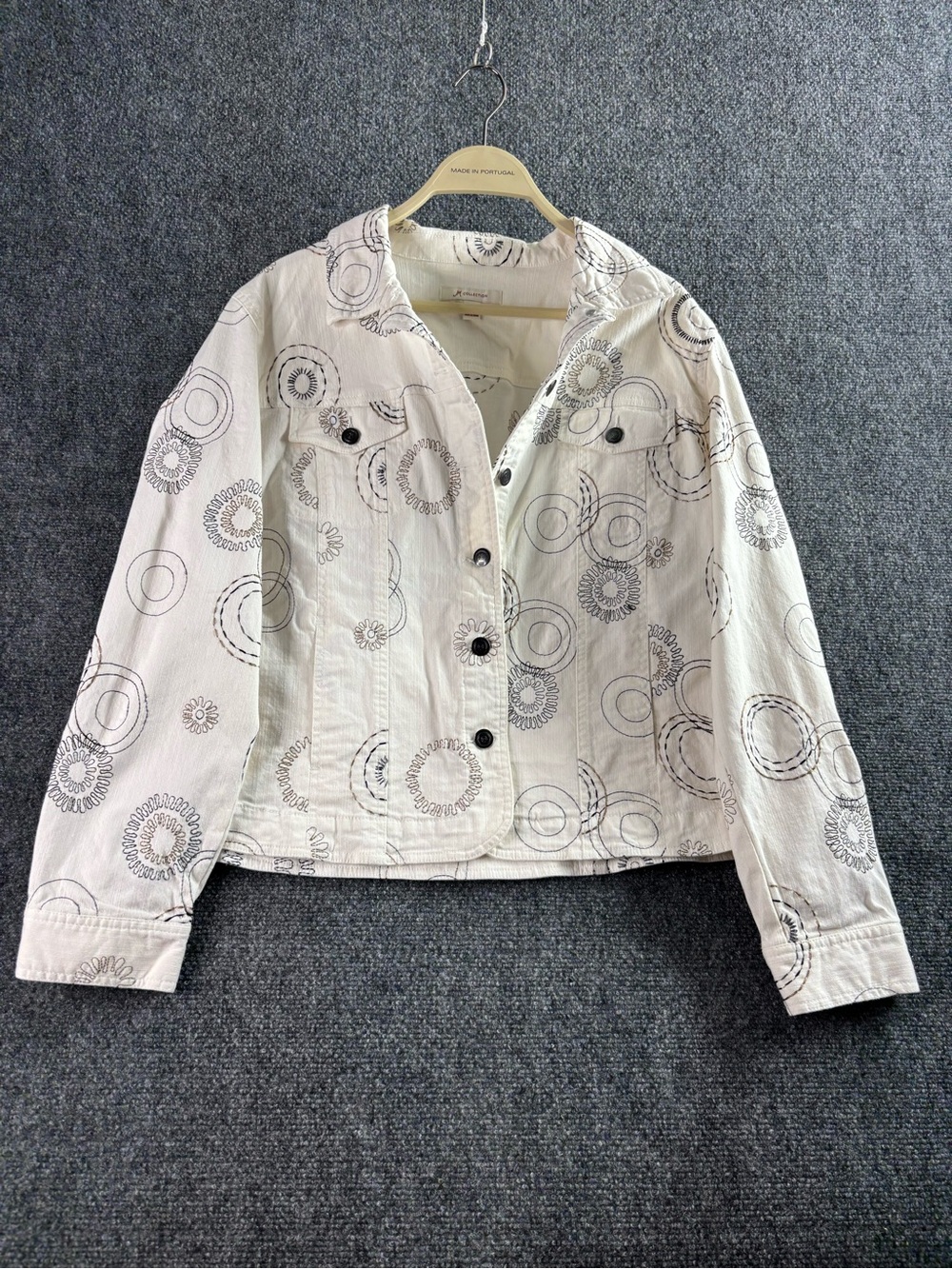 JM Collection Cream Printed Jean Jacket with Circular Motif